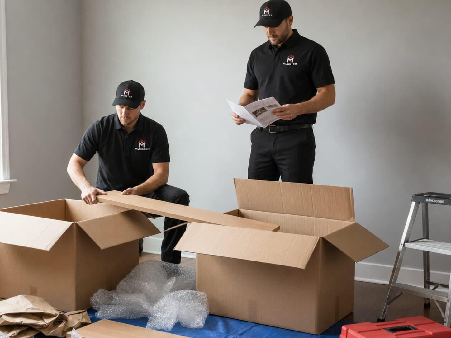 Two Mobsters unpacking flat-pack furniture and checking the instructions