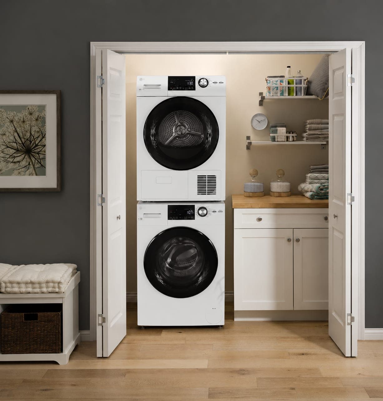 A stacked washer and dryer positioned in a laundry closet