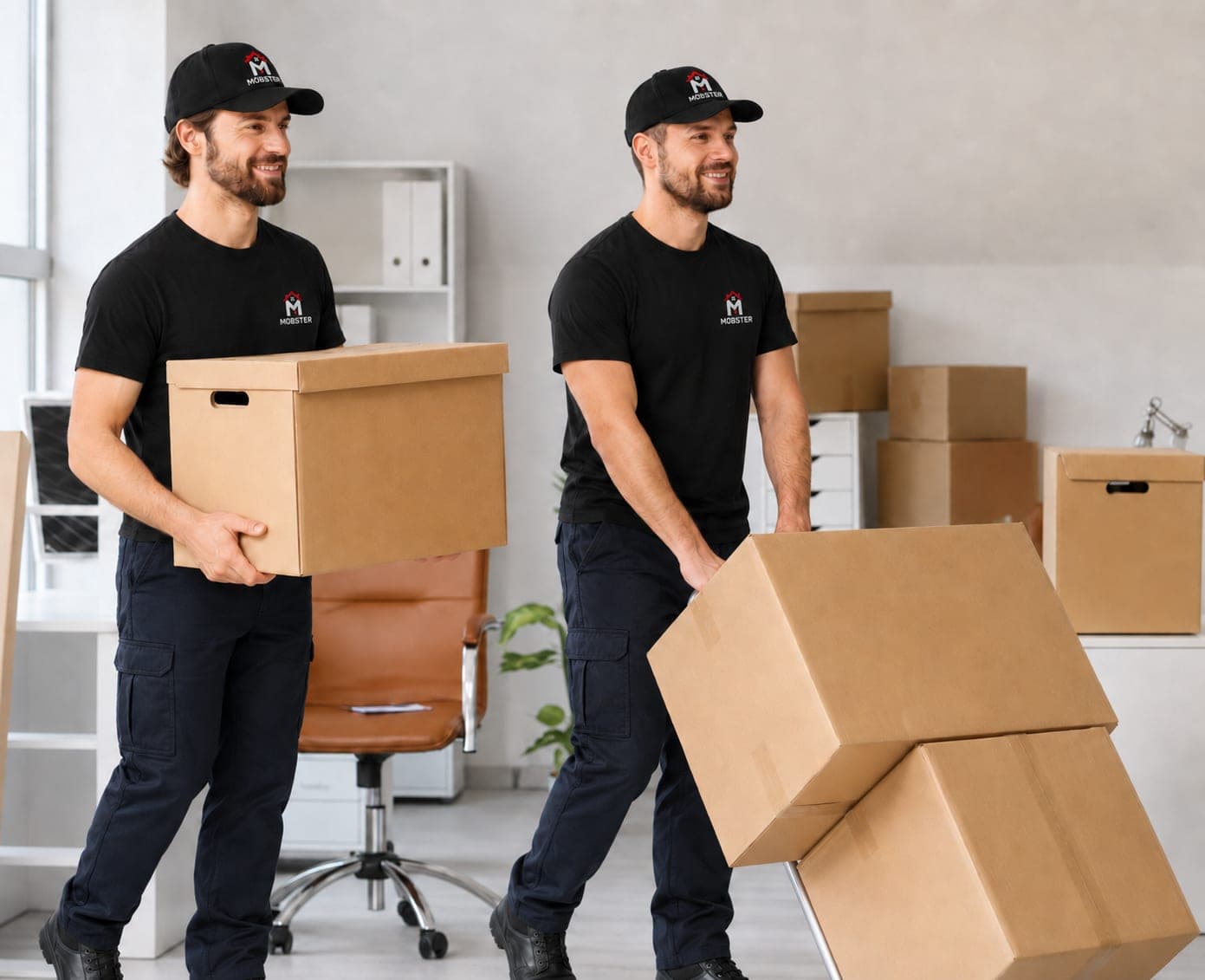 Two Mobsters carrying moving boxes through a room mid move-in