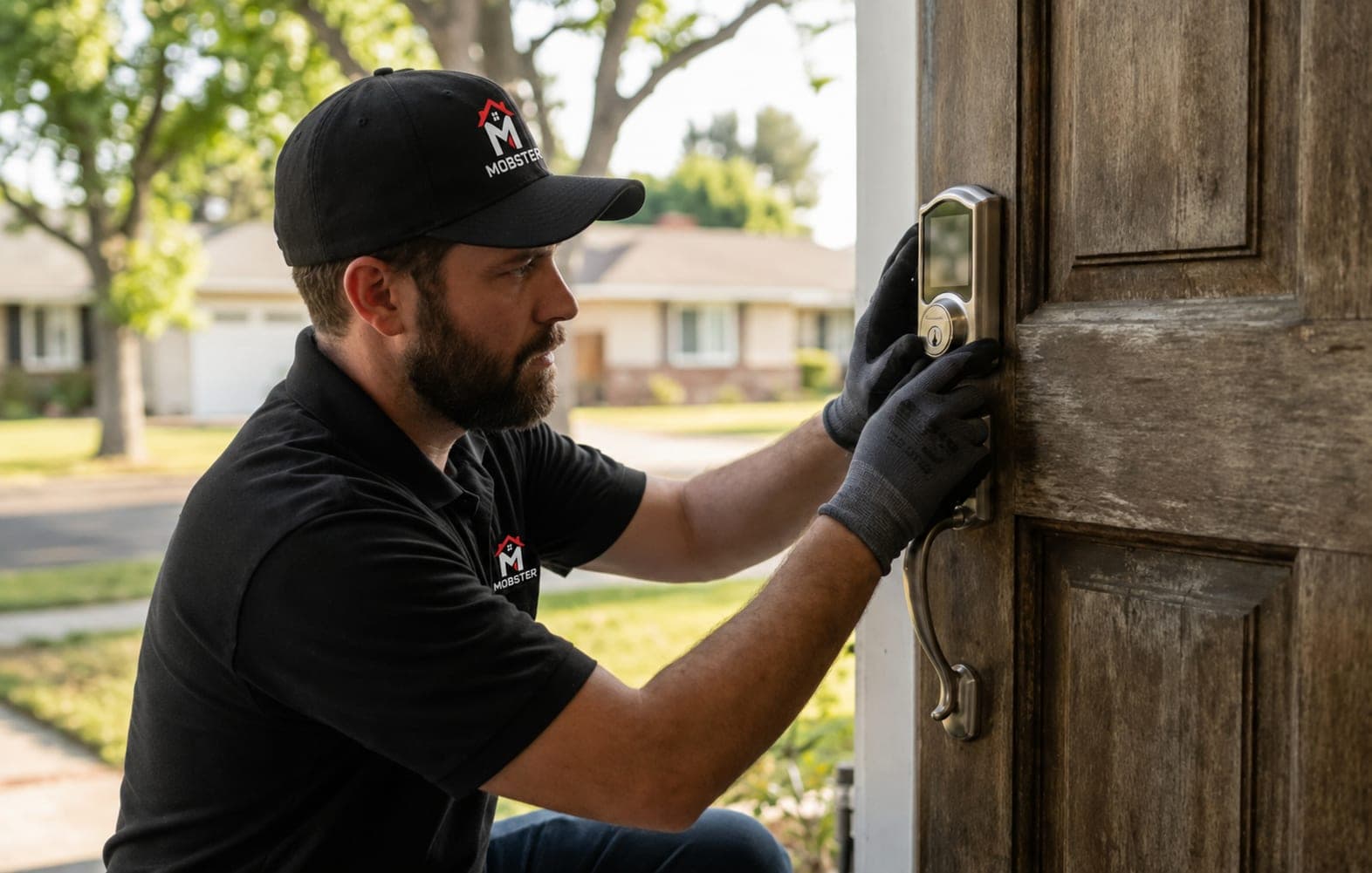 A Mobster fitting a keypad smart lock to a wooden front door