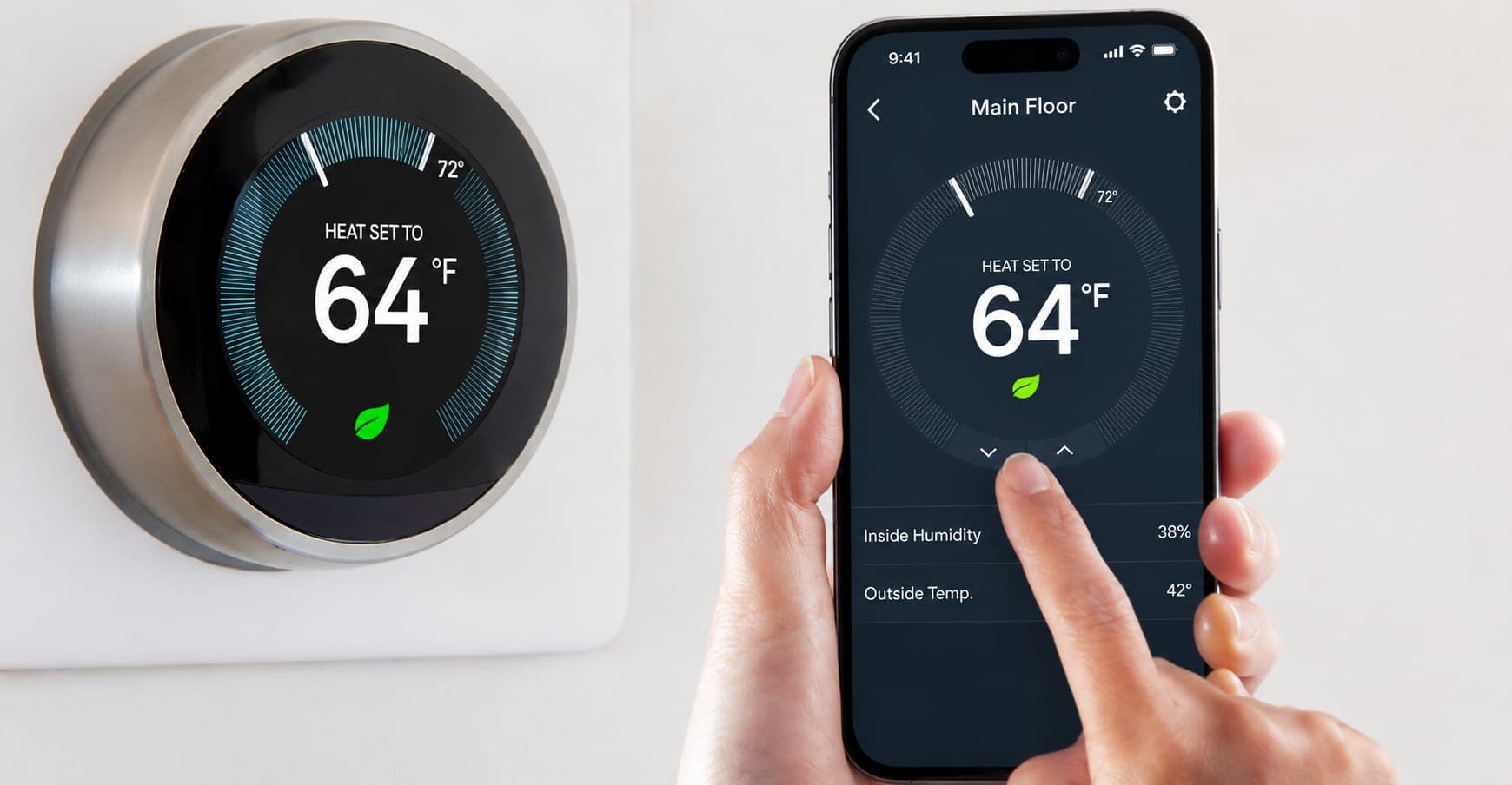 A smart thermostat on the wall beside a phone showing the same temperature in its app