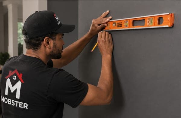 A Mobster levelling a wall mount before hanging a TV
